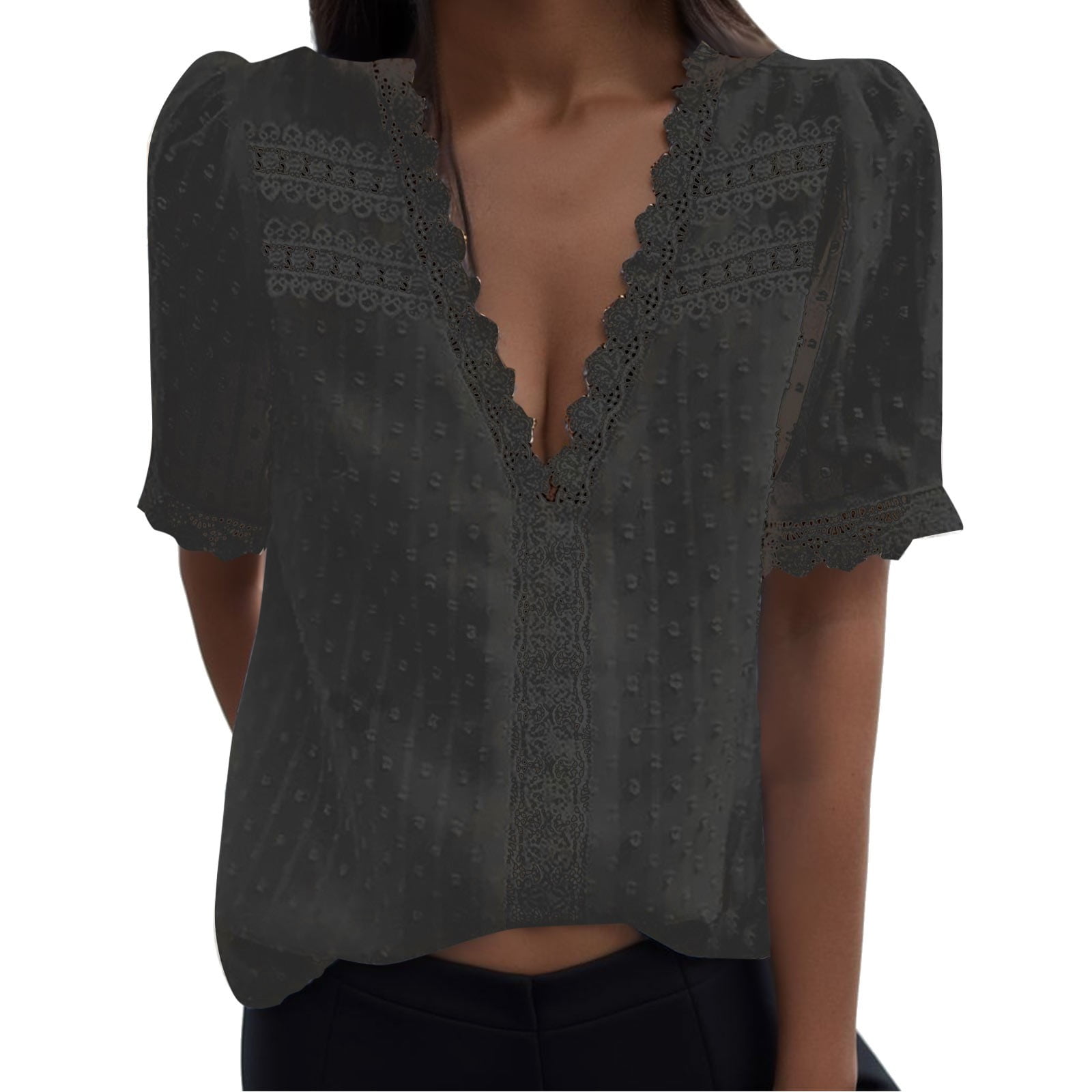 Short Top Sleeve Color Casual T Shirt Women Lace Solid V Neck Fashion