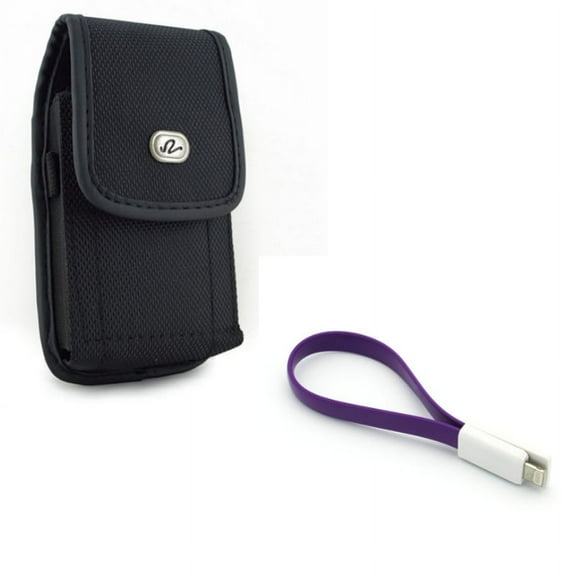 Short USB Cable w Case Belt Clip for iPhone 8/7/6S/6 - Charger Cord Power Wire Fast Charge, Rugged Holster Canvas Cover Pouch for iPhone 8/7/6S/6 Models