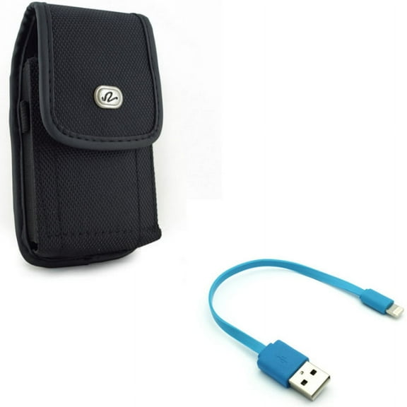 Short USB Cable w Case Belt Clip for iPhone 8/7/6S/6 - Charger Cord Power Wire Fast Charge, Rugged Holster Canvas Cover Pouch for iPhone 8/7/6S/6 Models