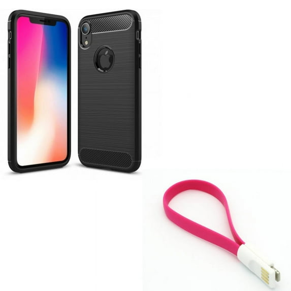 Short USB Cable w Case for iPhone XR - Charger Cord Power Wire Fast Charge, Carbon Fiber Slim Fit Cover Reinforced Bumper Shock Absorbent Compatible With iPhone XR