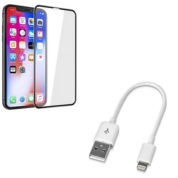 Short USB Cable w Screen Protector for iPhone XR - Charger Cord Power Wire, Tempered Glass 5D Touch Curved Edge Full Cover