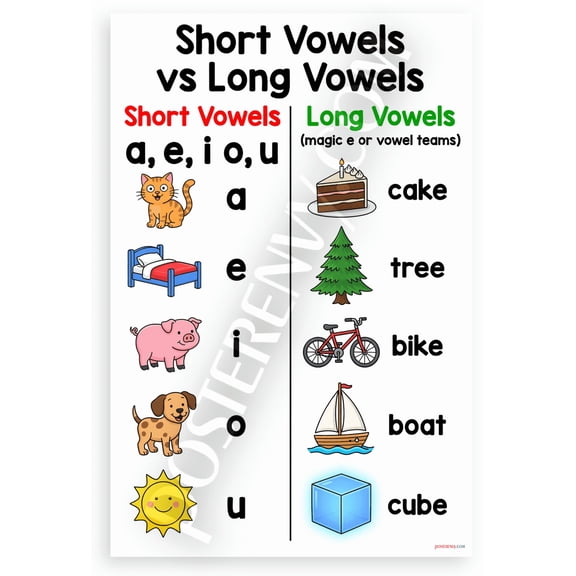 Short Vowels vs Long Vowels Educational Chart 12x18 US Made Poster