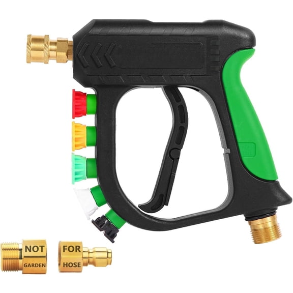 Short Washer Wash 1/4" Quick Connector, Power Washer Wand Sprayer Green Handle with 3/8" Quick Connect, M22-14 mm and M22-15 mm Fitting,5 Nozzles DUS2701