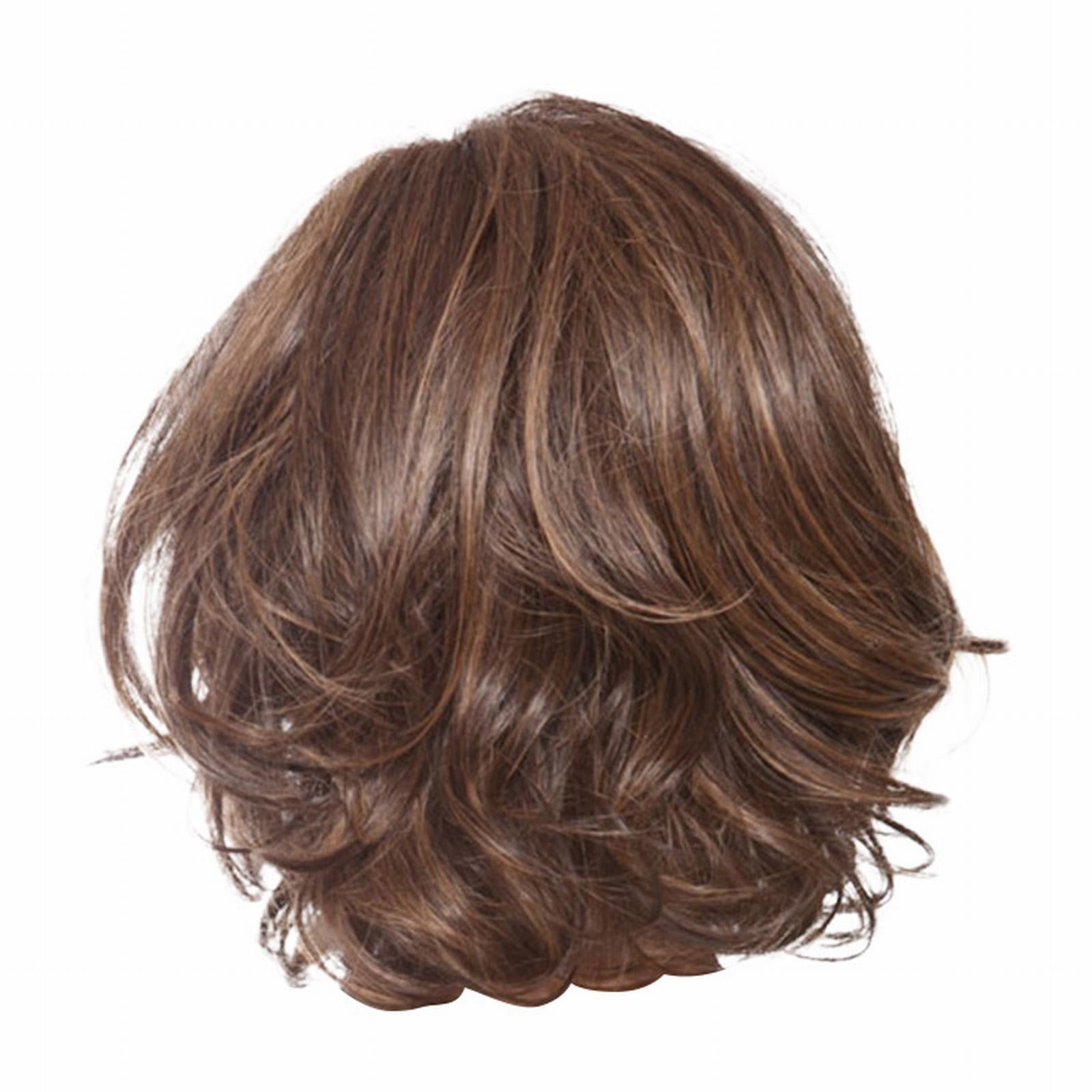 Short Wave Curly Wigs for Women, with Inclined Bangs, Layered Wavy Bob Wig with Medium Length, Average Cap, Elegant Puffy Synthetic Fibre Wig for Daily Party-Brown-11.8''Length