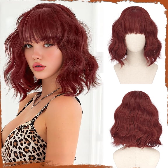 Short Wavy Auburn Wig - 12 Inch Dark Ginger Bob Wig with Bangs for Women Curly Shoulder Length Bob Wig with Bangs Soft Synthetic Hair Wigs for Girls Daily Party Use