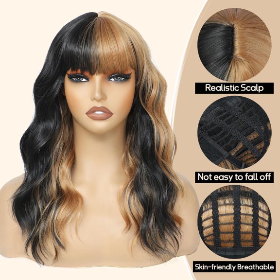 Short Wavy Bob Wig with Bangs for Women Shoulder Length Bob Curly Women's Charming Synthetic Wigs with Natural Wavy Ombre Half Brown Half Black Heat Resistant Hair for Daily Party Use Brown/Black
