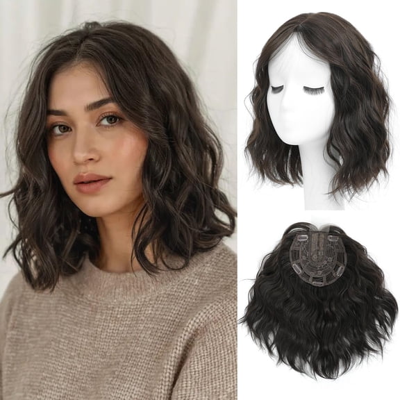 Short Wavy Hair Topper 11 Inch, Human Hair Feel Hair Topper for Women, Lightweight Breathable Top Piece with Side Bangs, Natural Looking Volumizing Hairpiece for Thinning Hair, Daily Wear Hair Topper