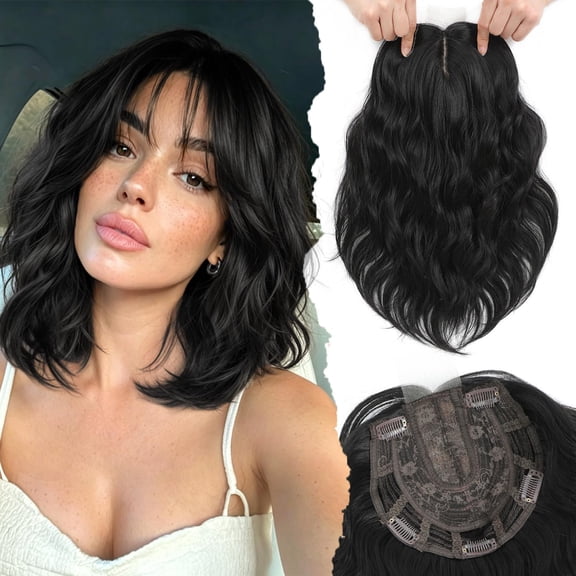 Short Wavy Hair Topper 11 Inch, Human Hair Feel Hair Topper for Women, Lightweight Breathable Top Piece with Side Bangs, Natural Looking Volumizing Hairpiece for Thinning Hair, Daily Wear Hair Topper