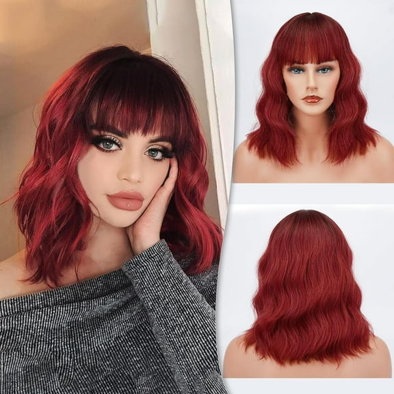 Short Wavy Ombre Red Wig with Bangs - 14 Inch Short Wavy Bob Wig with Bangs for Women - Voluminous Natural Looking Synthetic Red Ombre Wig with Dark Roots Party Cosplay Halloween