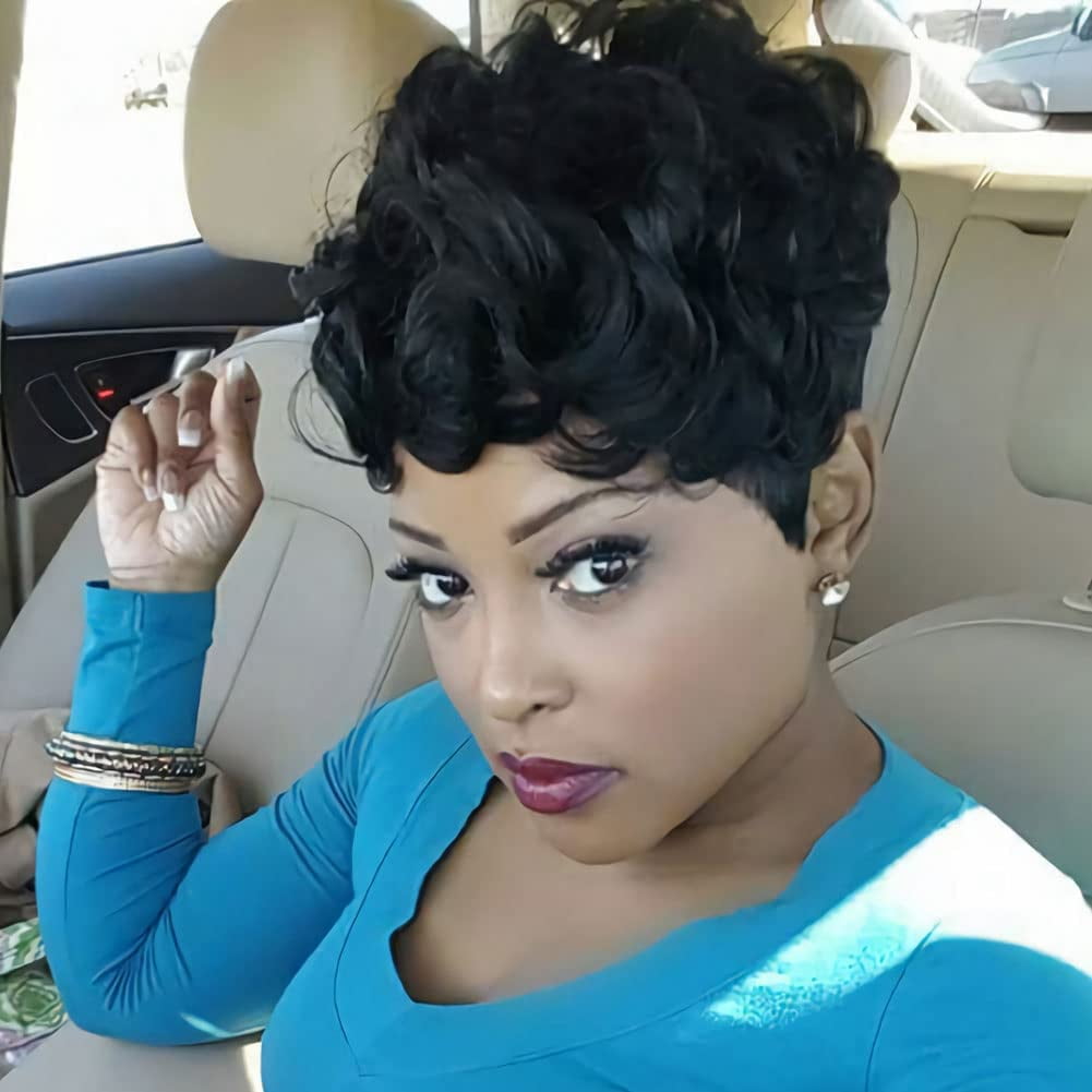 Short Wavy Synthetic Hair Wig Pixie Cut Curly Wig with Bangs  display picture 3