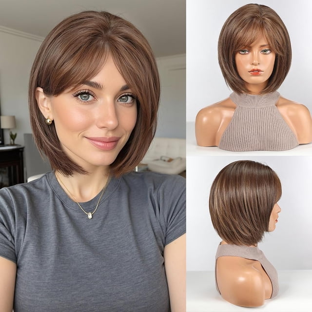 Point Cut Fringe Short Wavy Wig with Bangs for Women, Bob Cut, Fringe, Adjustable Cap ...
