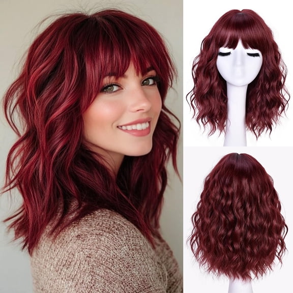 Short Wavy Wig with Bangs for Women Natural Curly Wavy Wig 16inch | 【Beginner Friendly Wigs】Wavy Wigs for Women Curly Synthetic Wig for Daily Party Cosplay Halloween,Burgundy