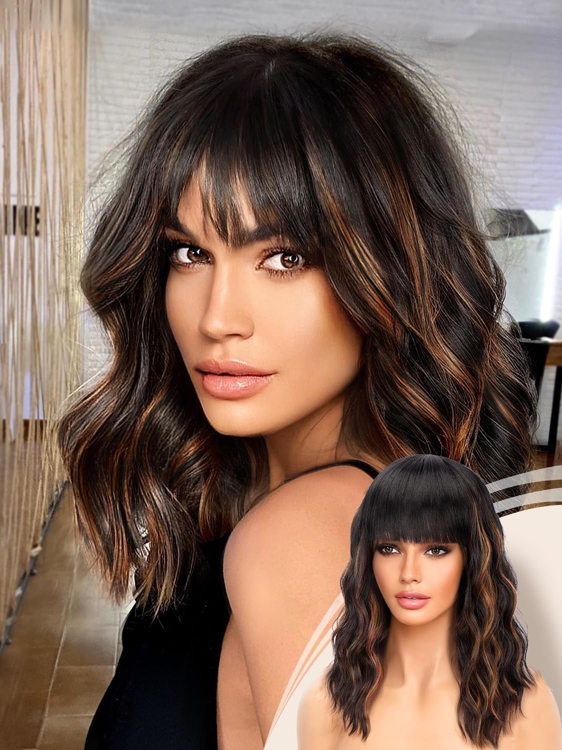 Short Wavy Wig with Bangs for Women Shoulder Length Bob  display picture 3