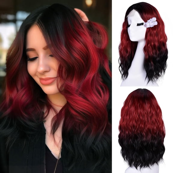 Short Wavy Wigs for Women Bob Wave Wig Natural Looking Synthetic Middle Part Lace Front Hair for Everyday Hairstyle 18Inch (Black to Red)