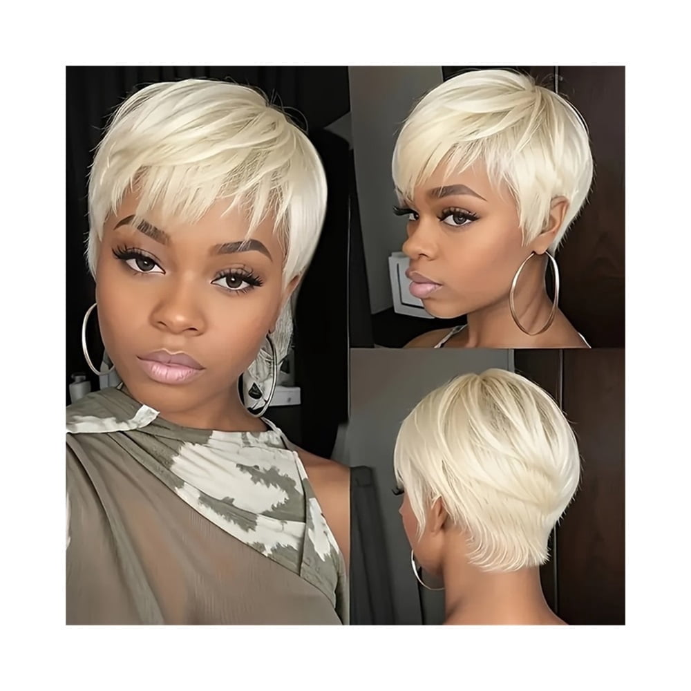 Short Wig Layered Blonde Cut Human Hair Wig 613# Straight Hair Pixie Wigs with Bangs