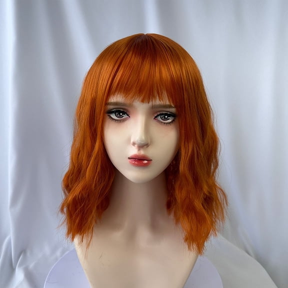 Short Wig for Women with Round Face: Airy Bangs, Cornrow Curls, Dirty Orange Short Waves, Collarbone-Length Hair Woolly Curls