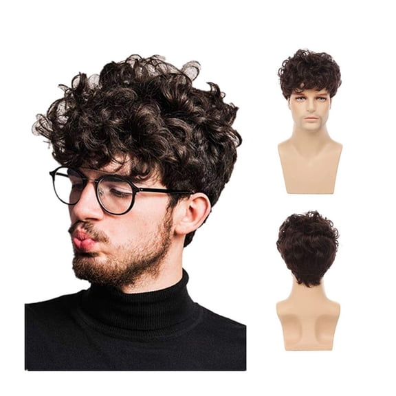 Short Wigs for Men Curly Natural Brown Wigs for Male Fluffy Short Wavy Synthetic Wig High Temperature Fiber Wig for Daily Use