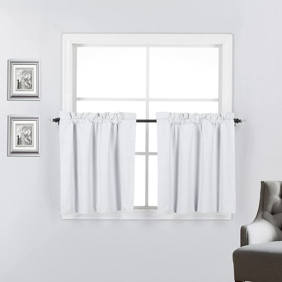 Short Window Curtains Tiers for Kitchen - Insulated 100% Blackout Curtains 24 inch Length for Bathroom Basement Window, White