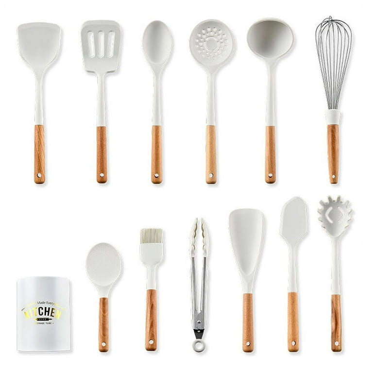 Short Wooden Handle Silicone Kitchenware Set Set Non-stick Pan