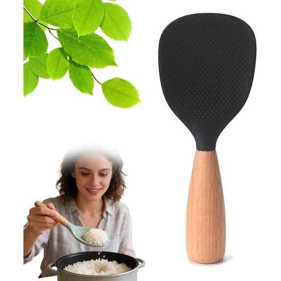 Short Wooden Handle Silicone Spatula, Standing Rice Spatula with Non-Stick Wooden Paddle, Heat Resistant Rice Cooker Spoon for Cooking Mixing Serving (Black)