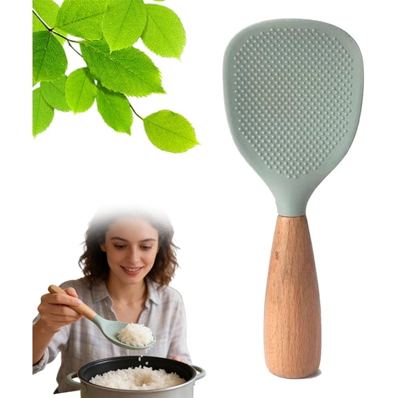 Short Wooden Handle Silicone Spatula, Standing Rice Spatula with Non-Stick Wooden Paddle, Heat Resistant Rice Cooker Spoon for Cooking Mixing Serving (Green)