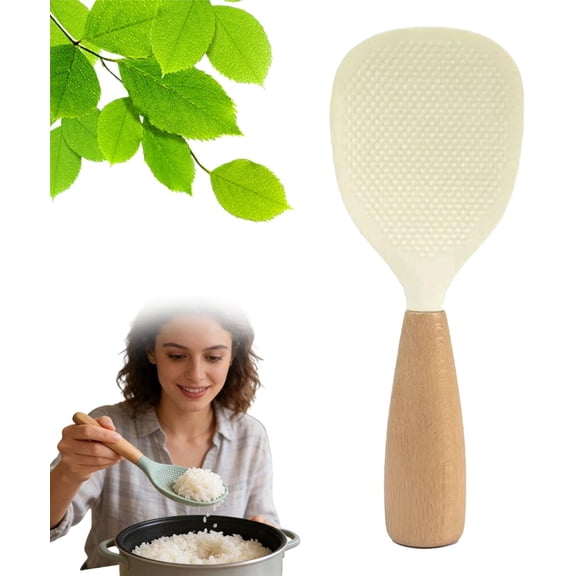 Short Wooden Handle Silicone Spatula, Standing Rice Spatula Non-Stick Wooden Paddle, Heat Resistant Rice Cooker Spoon for Cooking (Beige)
