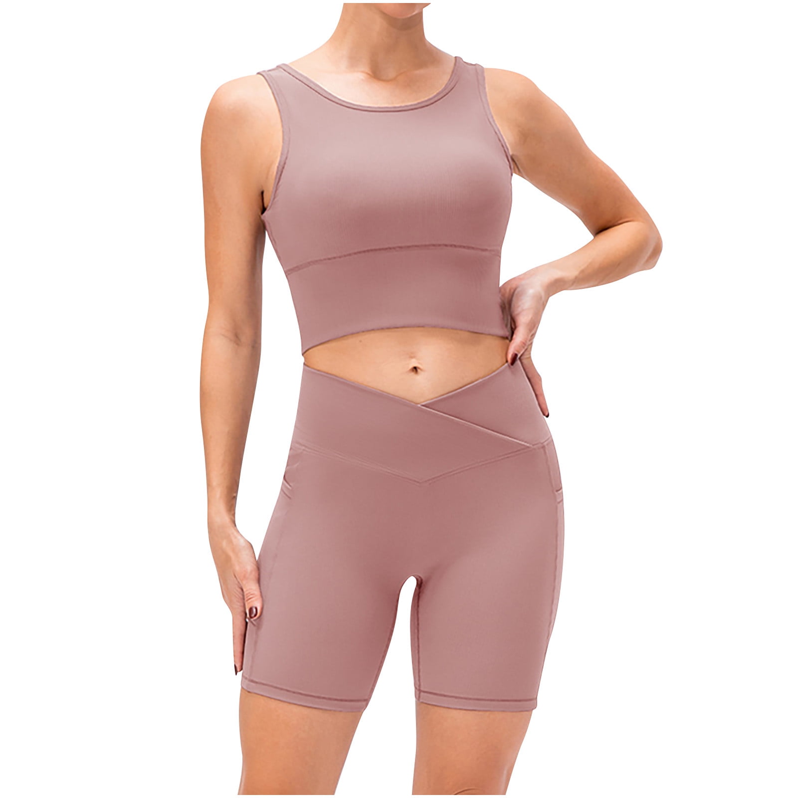 Short Workout Sets for Women Compression Yoga Outfits Bikers Crop Tank Tops  V Waist Shorts Tracksuits Sweatsuits (Large, Pink)