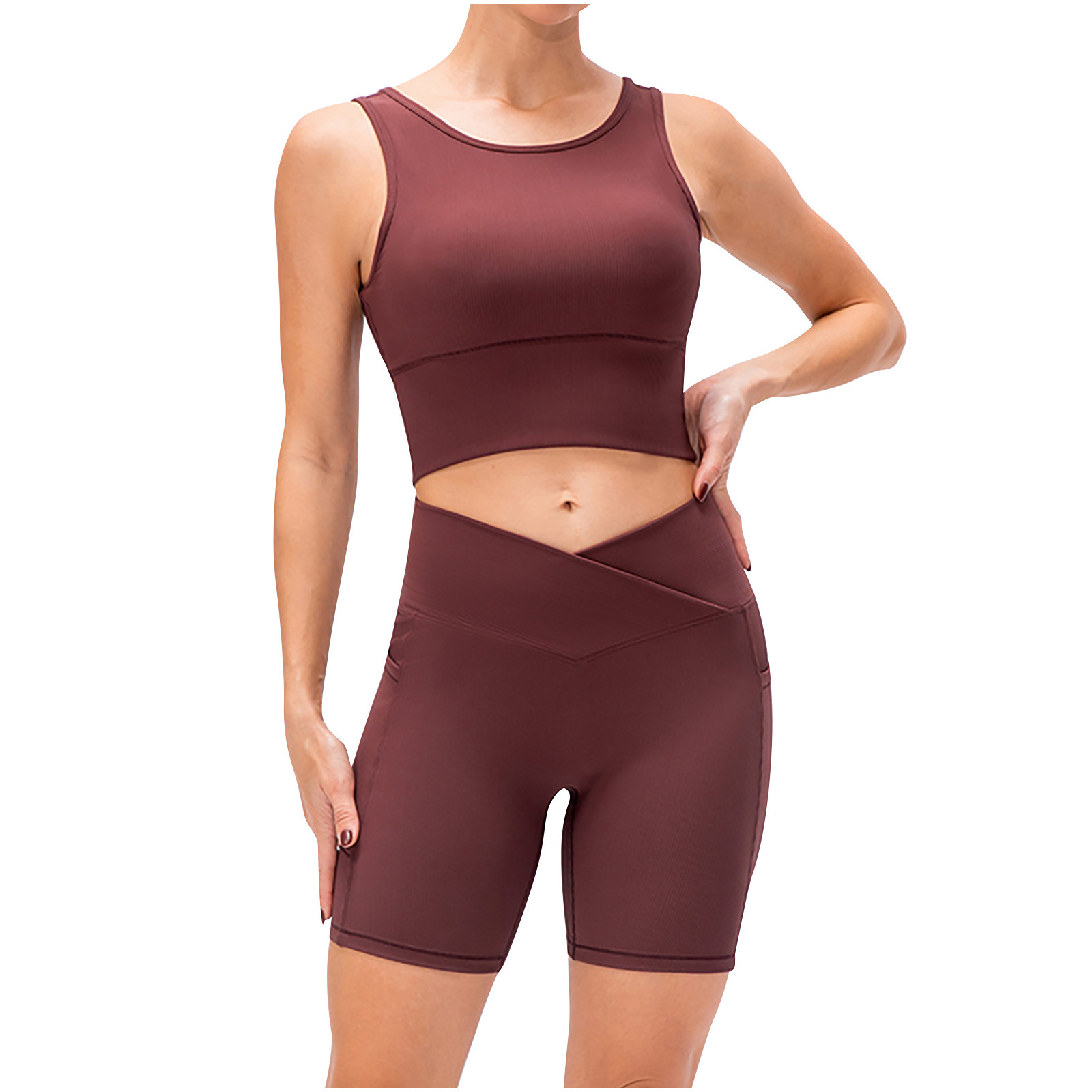 Short Workout Sets for Women Compression Yoga Outfits Bikers Crop Tank