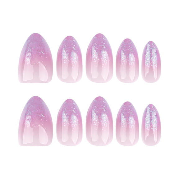 Short almond press-on nails, purple gradient nail art, shiny silver glitter wearable false nail tips