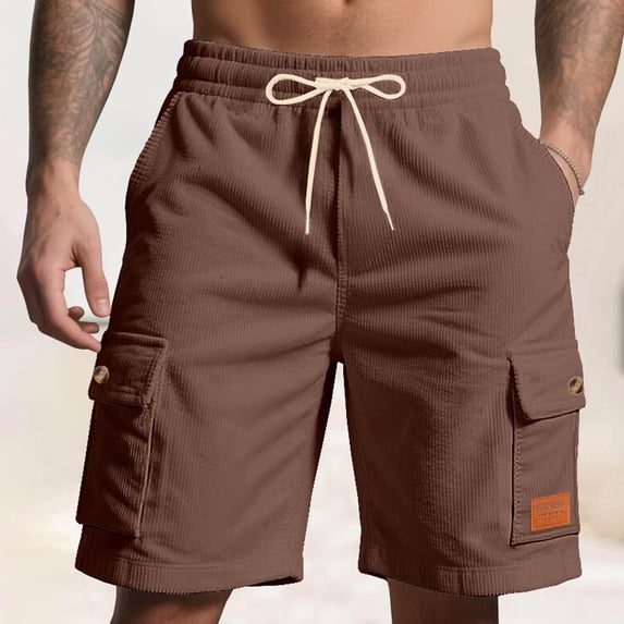 Short for Men Summer Corduroy Drawstring Waist Loose Solid Color Multiple Pockets Work Pants Outdoor Fitness Pants Beach Shorts