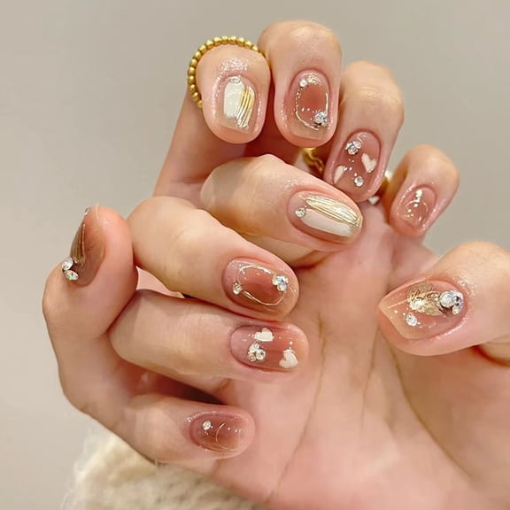 Short ice-through brown blush peach heart pile diamond pure hand-worn nail finished product whitening nail patch removal fake nails