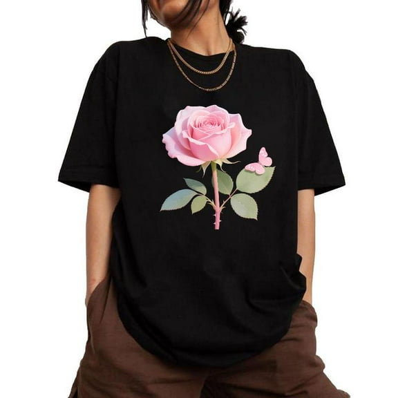 Short sleeve Rose Butterfly T-Shirt Graceful Floral Graphic Tee Fashion Aficionado Top Soft Round Neck Black S-5XL