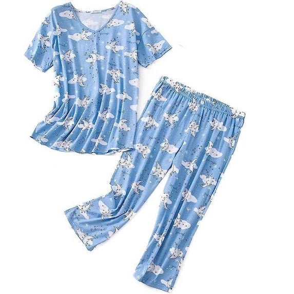 Short-sleeved cropped pants set knitted cotton home wear set plus size women's pajama set