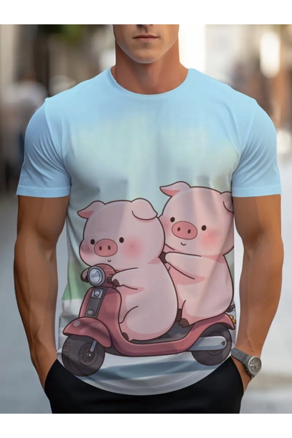 Short-sleeved polyester 3D piggy pattern men's T-shirt, home casual wear, light color, durable and comfortable, suitable for outdoor or indoor activities, soft fabric, animal lovers