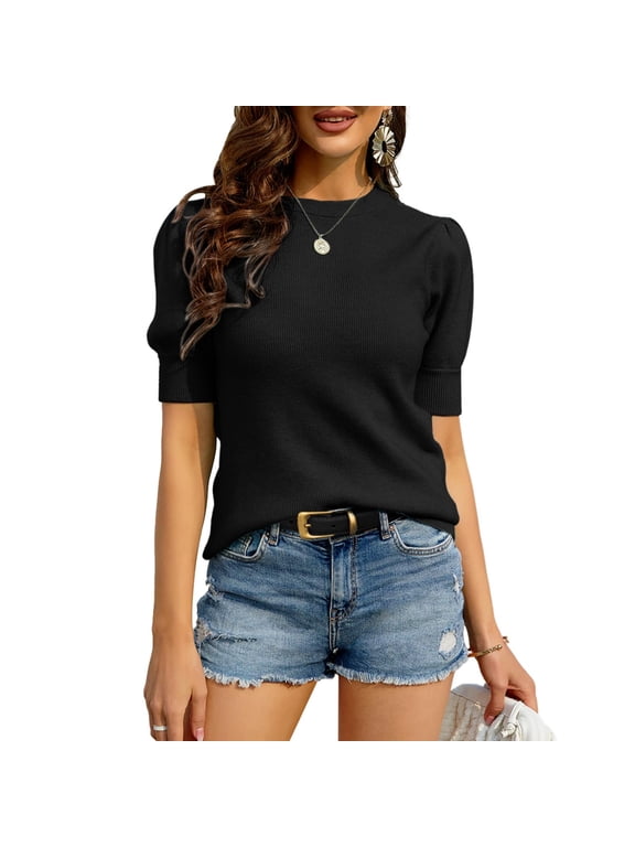 Short sleeved women sweater, casual summer round neck pullover knit sweater shirt