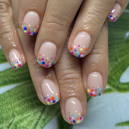 Short square press-on nails with polka dots, cute polka dot dopamine glossy finish, 24-piece press-on false nails