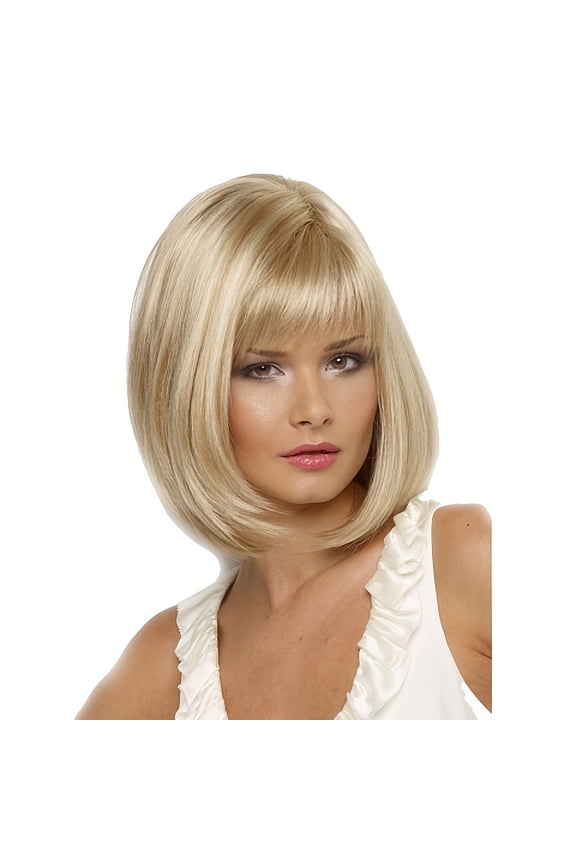 Short, straight synthetic wig with bangs - straight hair texture, heat resistant, unisex, available in light beige tones, suitable for everyday wear and cosplay - easy-to-manage short wig
