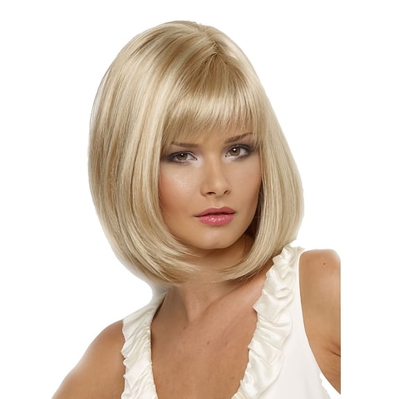 Short, straight synthetic wig with bangs - straight hair texture, heat resistant, unisex, available in light beige tones, suitable for everyday wear and cosplay - easy-to-manage short wig