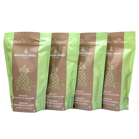 Shortbread Cookies - 16 oz Mini Bites Chocolate Chip Macadamia, Hawaiian Cookies, Pineapple-shaped shortbread Cookies, Gourmet Snacks for Families, Cookie Gift Set (4 Packs)
