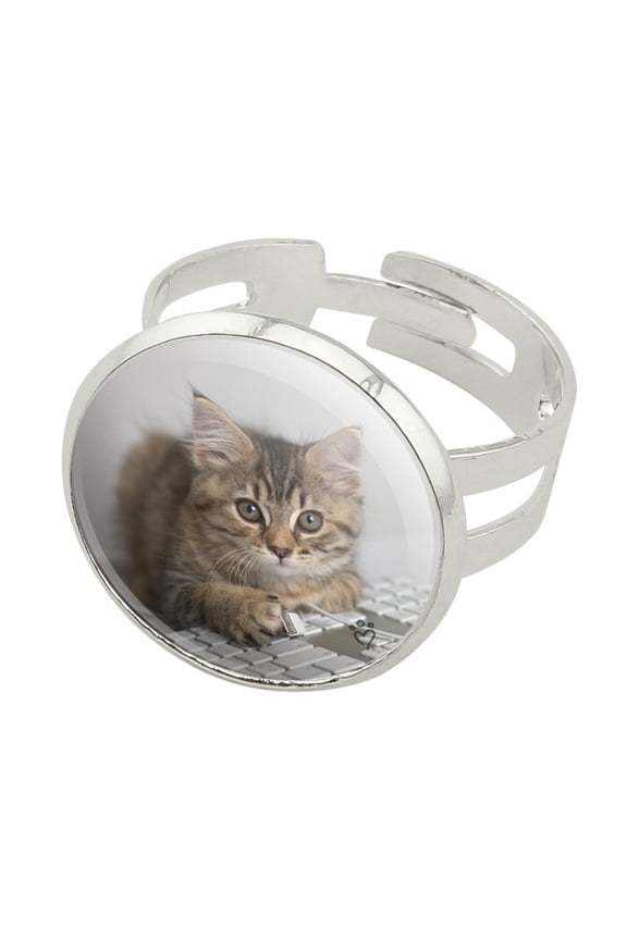 Shorthair Tabby Kitten Cat Computer Mouse Keyboard Silver Plated Adjustable Novelty Ring