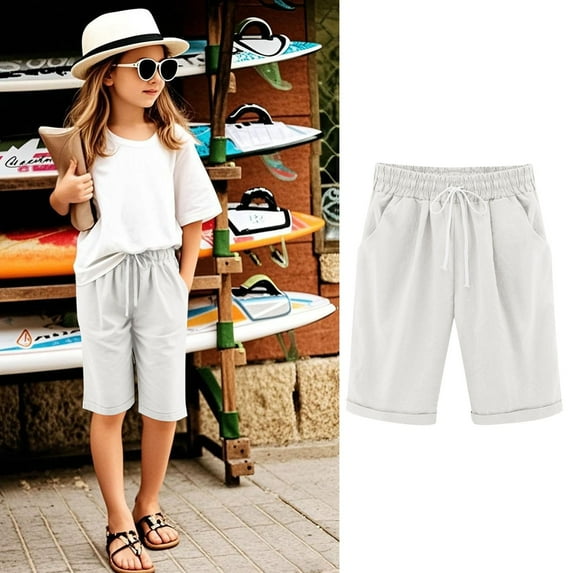 Shorts For Girls Knee Length High Waisted Summer Shorts Comfy Drawstring Short Pants With Pockets