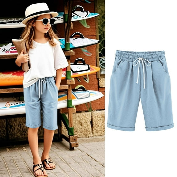 Shorts For Girls Knee Length High Waisted Summer Shorts Comfy Drawstring Short Pants With Pockets