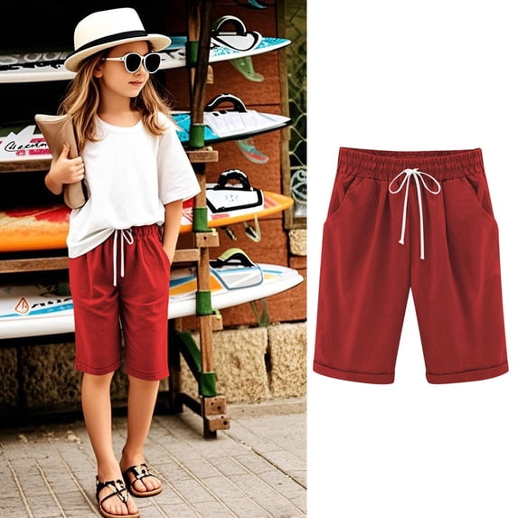 Shorts For Girls Knee Length High Waisted Summer Shorts Comfy Drawstring Short Pants With Pockets