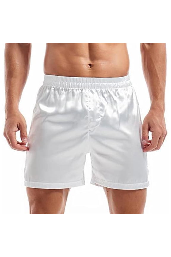 Shorts For Men Silk Smooth Solid Color Satin Boxers Comfy Shorts Loose Fit Sleepwear Casual Silken Pajama Shorts,White,L