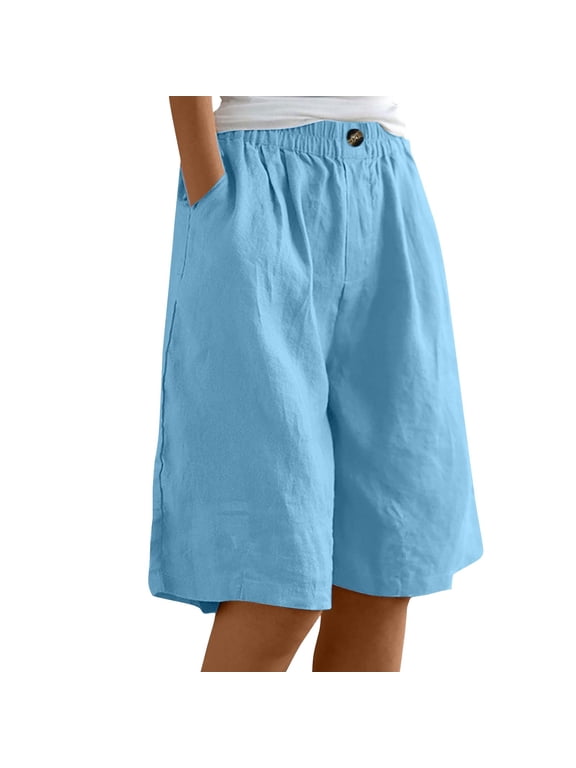 Shorts For Women Cotton Linen Shorts For Women Loose Fit Knee Length Shorts Casual Wide Leg Elastic Waist Workout Shorts