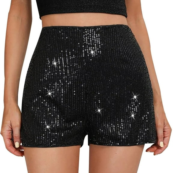 Shorts For Women Sequin Sparkle Elastic High Waist A Line Party Concert Shorts Straight Leg Solid Glitter Party Shorts Black L