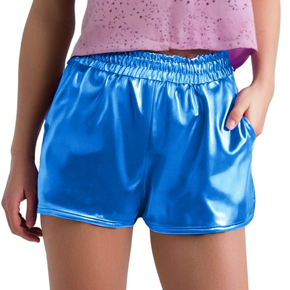Shorts For Women Summer Solid Color Shiny Elastic Waist Hot Dance Womens Shorts Holiday Wear,Blue,S