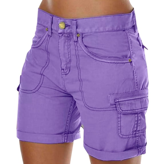Shorts For Women Trendy Loose Solid Color Mini Pant Summer Beach Buttons Hot Pants Cargo Shorts For Women With Pockets Purple XL