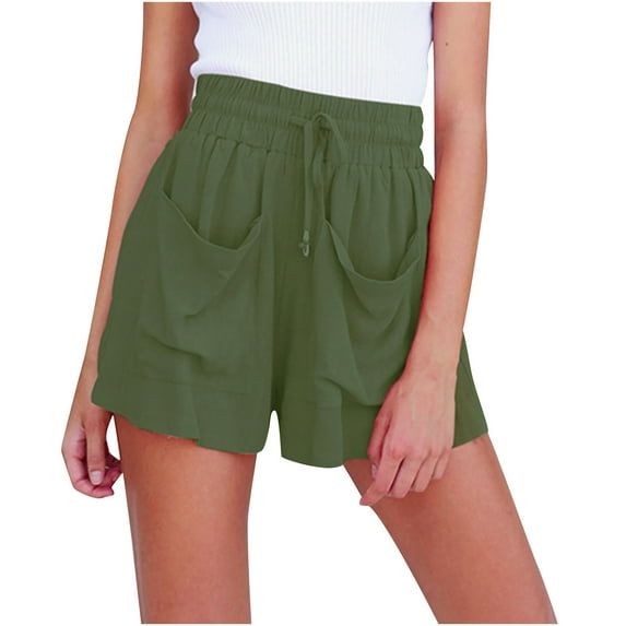 Shorts For Women Trendy Womens Drawstring Cotton And Linen Elastic Waist Pocket Solid Shorts Pants Comfy Hippie Pants,Army Green,XL