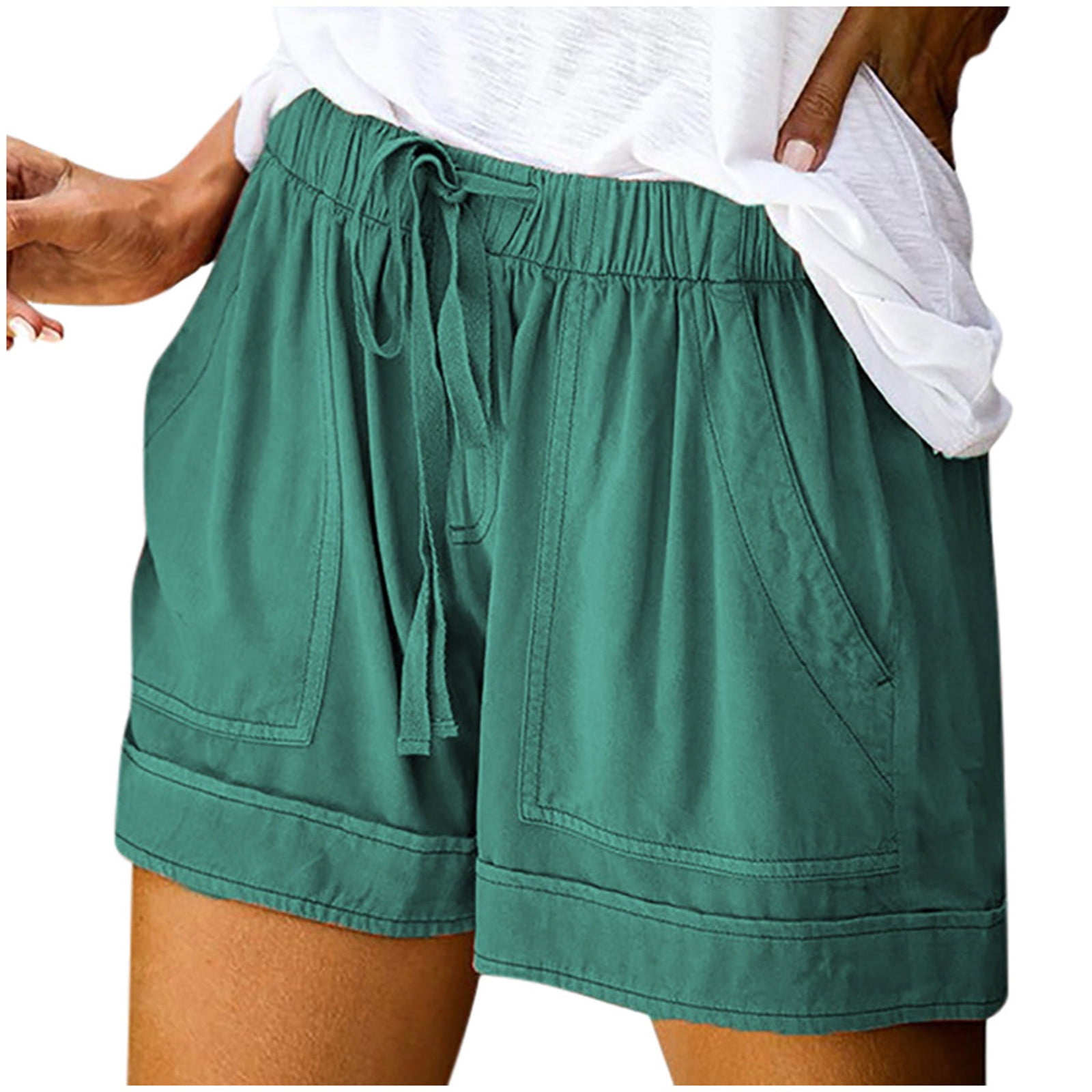 Shorts For Women Trendy Womens Plus Size Comfy Drawstring Casual Elastic  Waist Pocket Loose Shorts Pants Solid Color Sunzel Biker Shorts,Mint Green,S